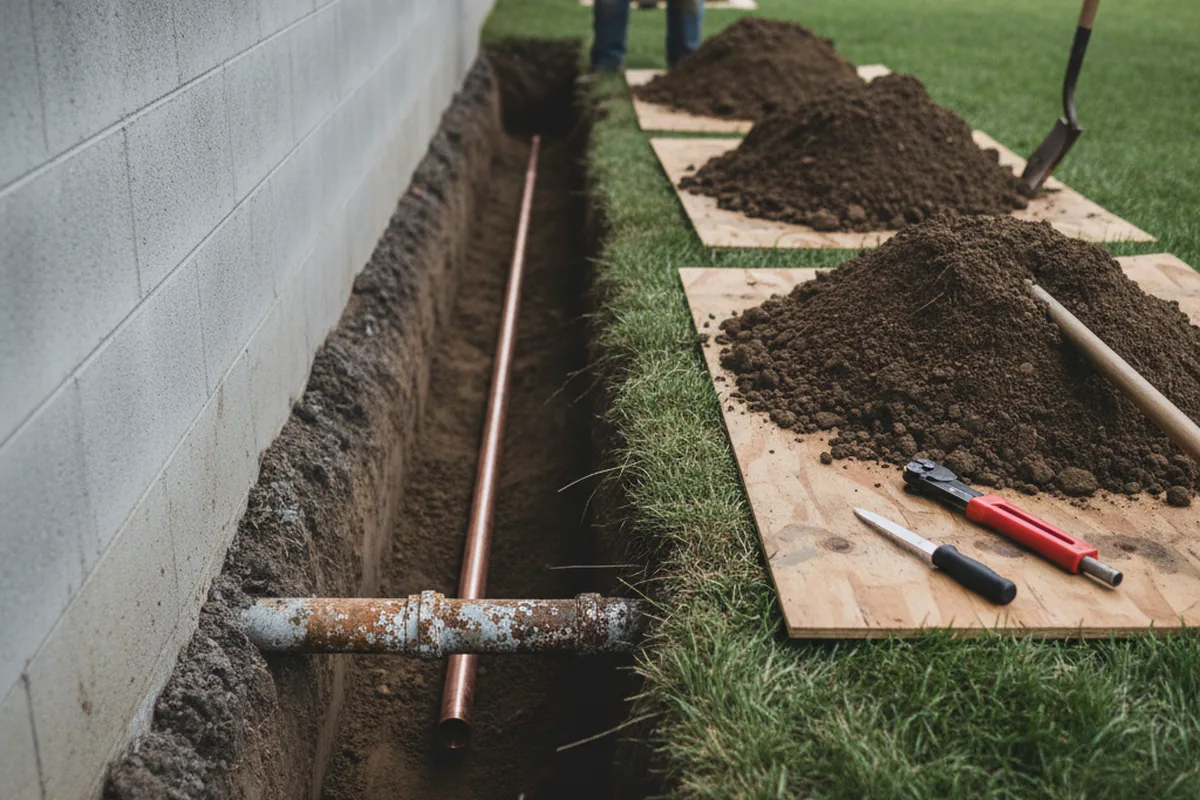 Excavated water line trench during Sewer Line Repair in North Reading
